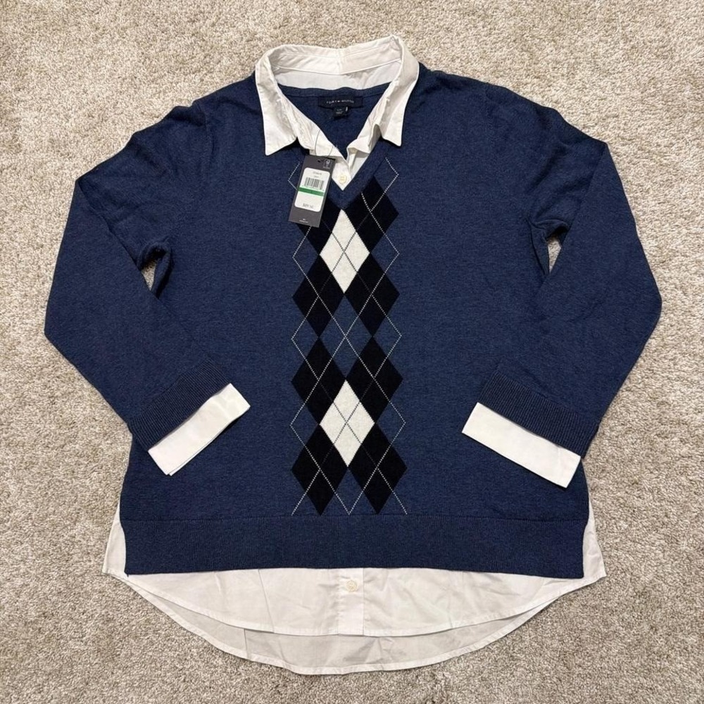 Tommy Hilfiger‎ Argyle Layered Sweater | Navy/White | Size L